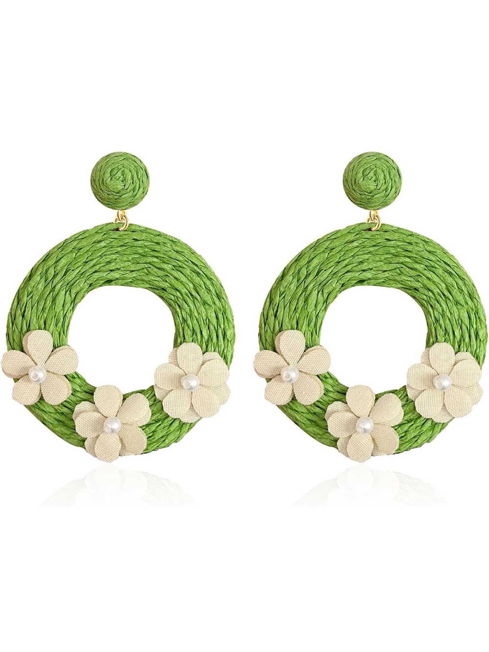 Green Woven Hoop Earrings with Cream Floral Accents